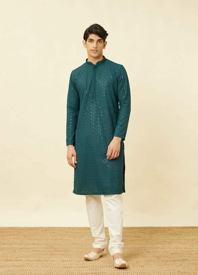 Manyavar Men Turquoise Blue Diamond Patterned Chikankari Embroidered Kurta Set