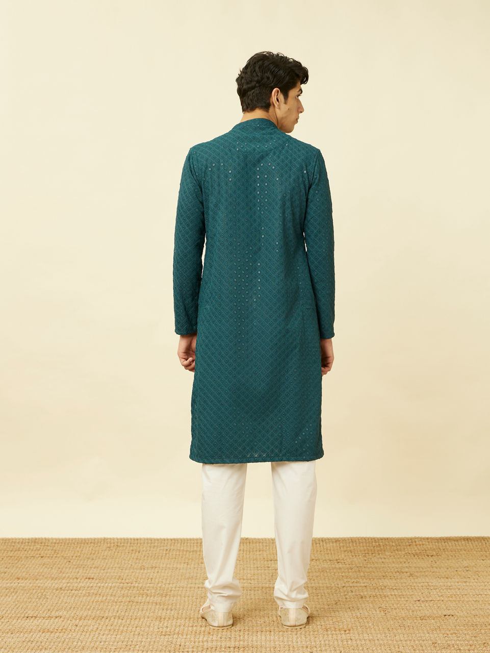 Manyavar Men Turquoise Blue Diamond Patterned Chikankari Embroidered Kurta Set