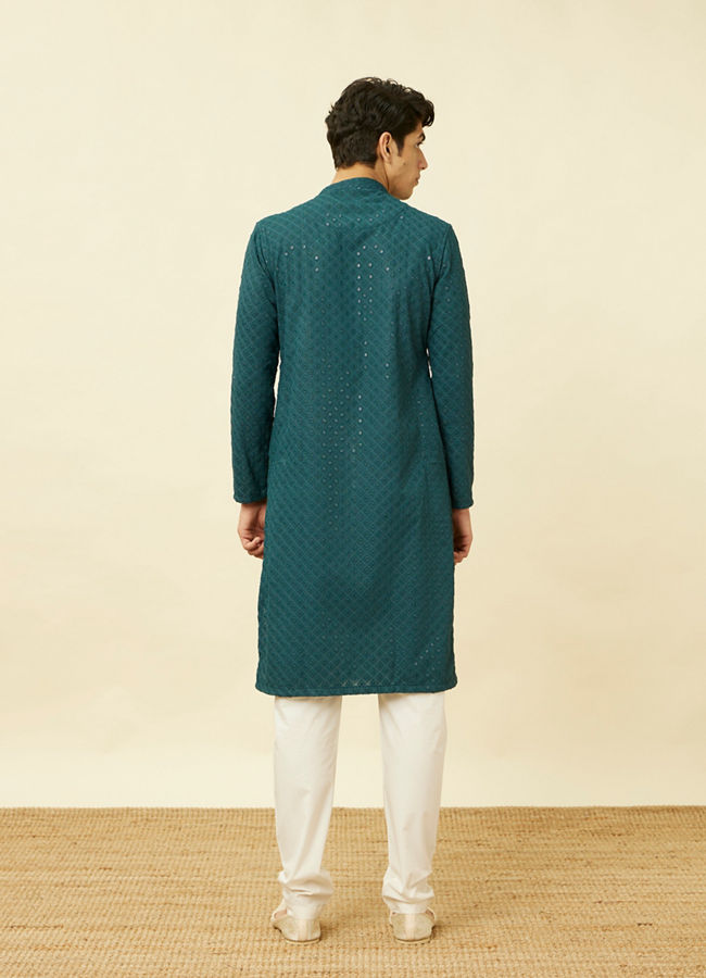 alt message - Manyavar Men Turquoise Blue Diamond Patterned Chikankari Embroidered Kurta Set image number 5