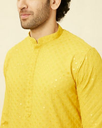 Manyavar Men Candlelight Yellow Floral Patterned Sequined Chikankari Kurta Set