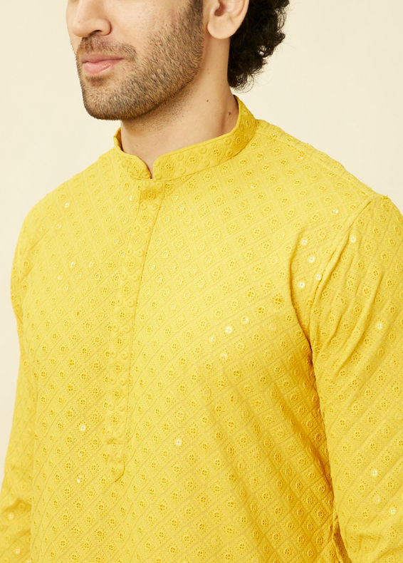 Manyavar Men Candlelight Yellow Floral Patterned Sequined Chikankari Kurta Set