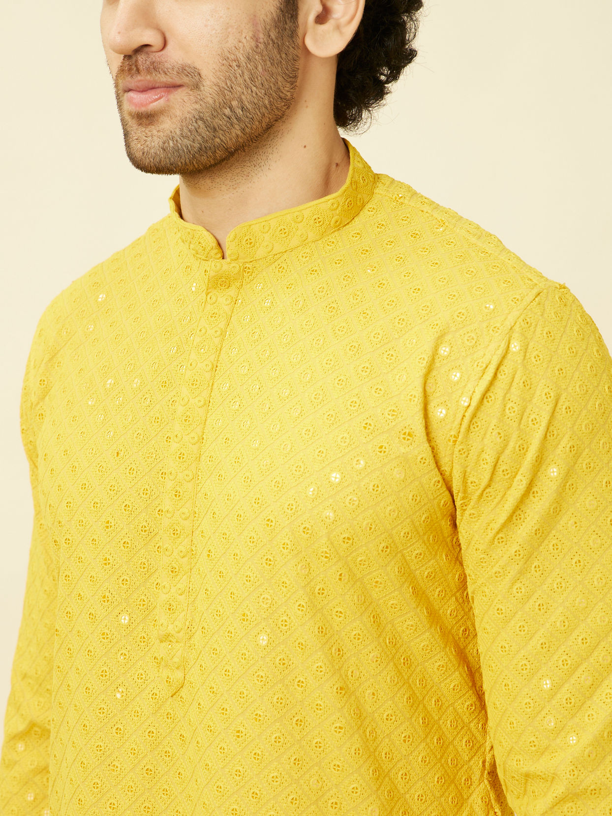 alt message - Manyavar Men Candlelight Yellow Floral Patterned Sequined Chikankari Kurta Set image number 1