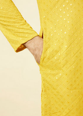 Manyavar Men Candlelight Yellow Floral Patterned Sequined Chikankari Kurta Set image number 2