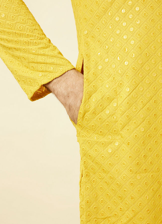 alt message - Manyavar Men Candlelight Yellow Floral Patterned Sequined Chikankari Kurta Set image number 2