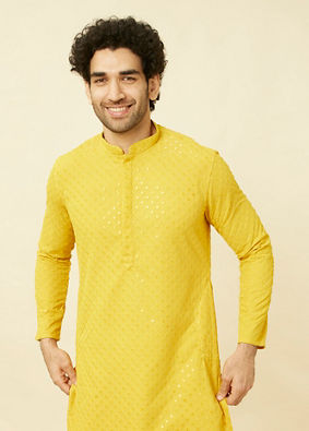 Manyavar Men Candlelight Yellow Floral Patterned Sequined Chikankari Kurta Set image number 0