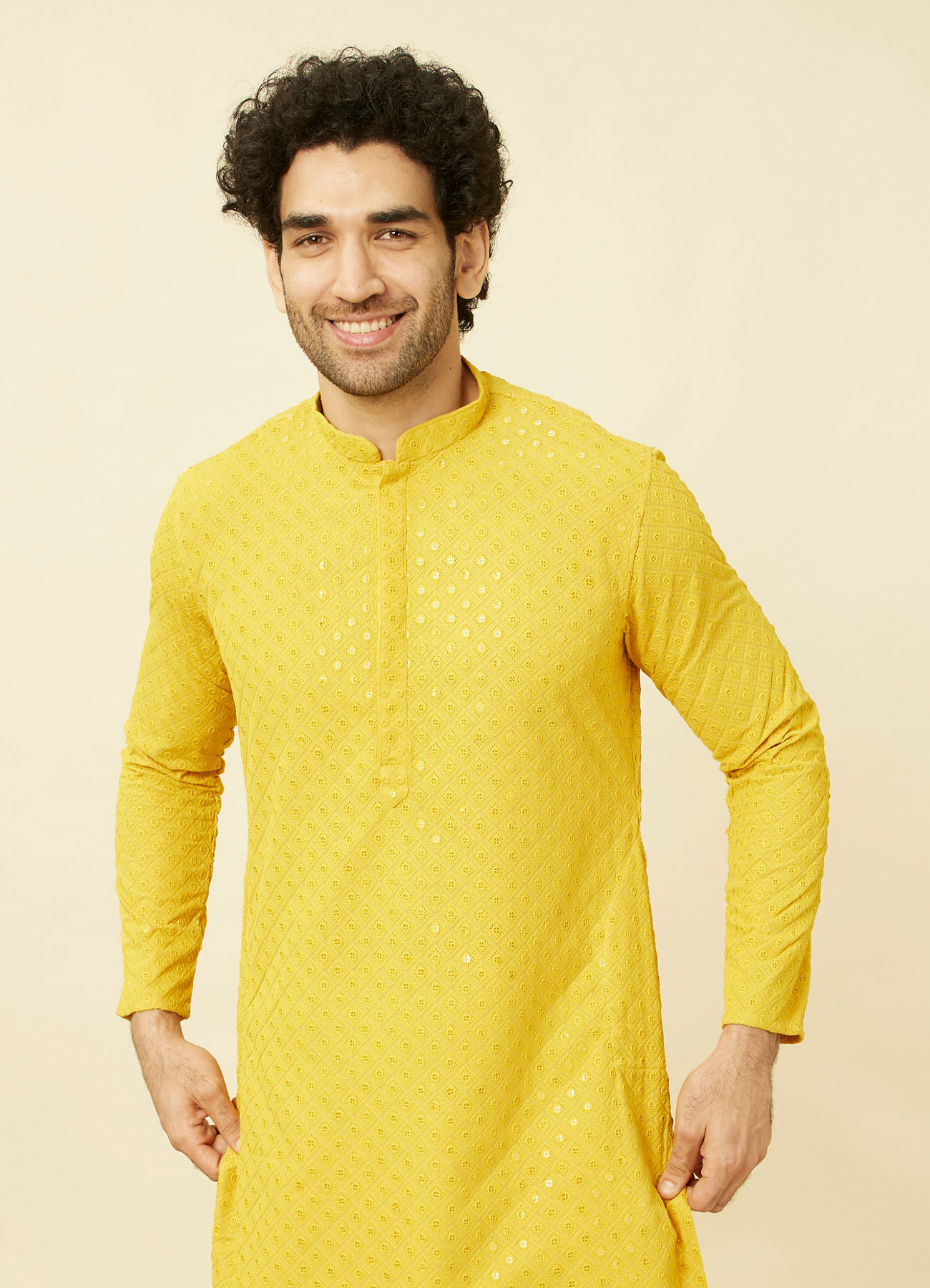 Manyavar Men Candlelight Yellow Floral Patterned Sequined Chikankari Kurta Set