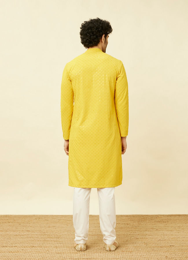 Manyavar Men Candlelight Yellow Floral Patterned Sequined Chikankari Kurta Set