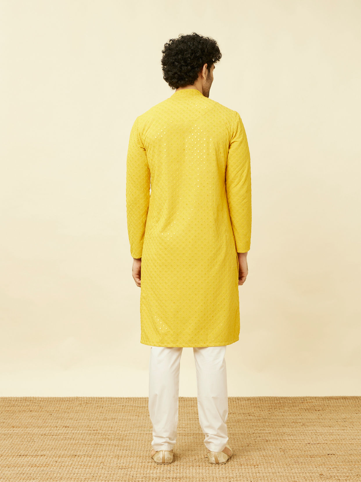 Manyavar Men Candlelight Yellow Floral Patterned Sequined Chikankari Kurta Set