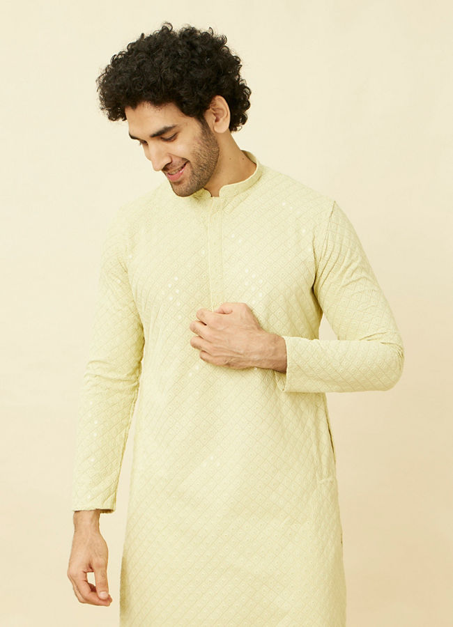 alt message - Manyavar Men Tea Green Chikankari Embroidered Kurta Set image number 0