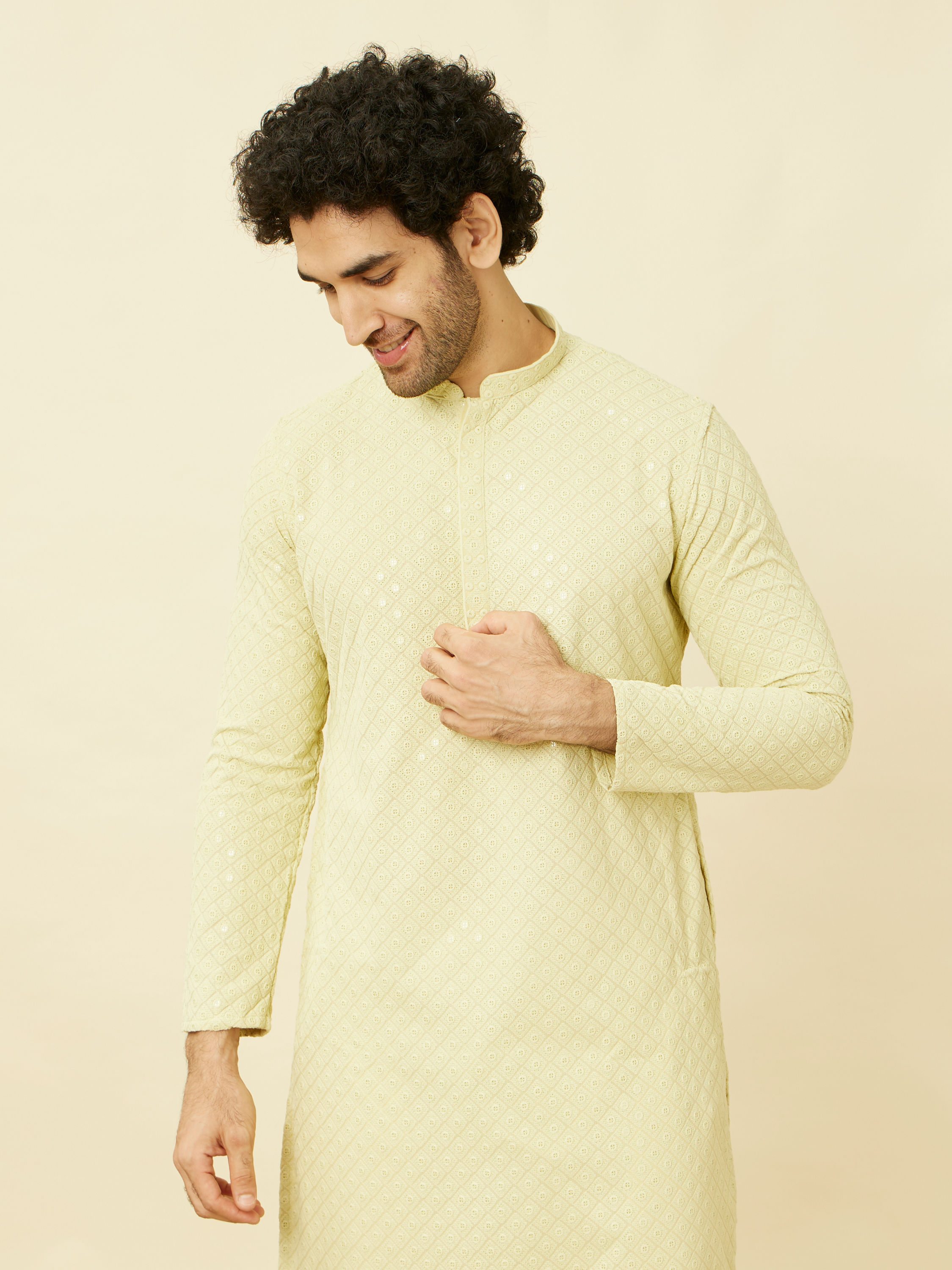 Manyavar Men Tea Green Chikankari Embroidered Kurta Set