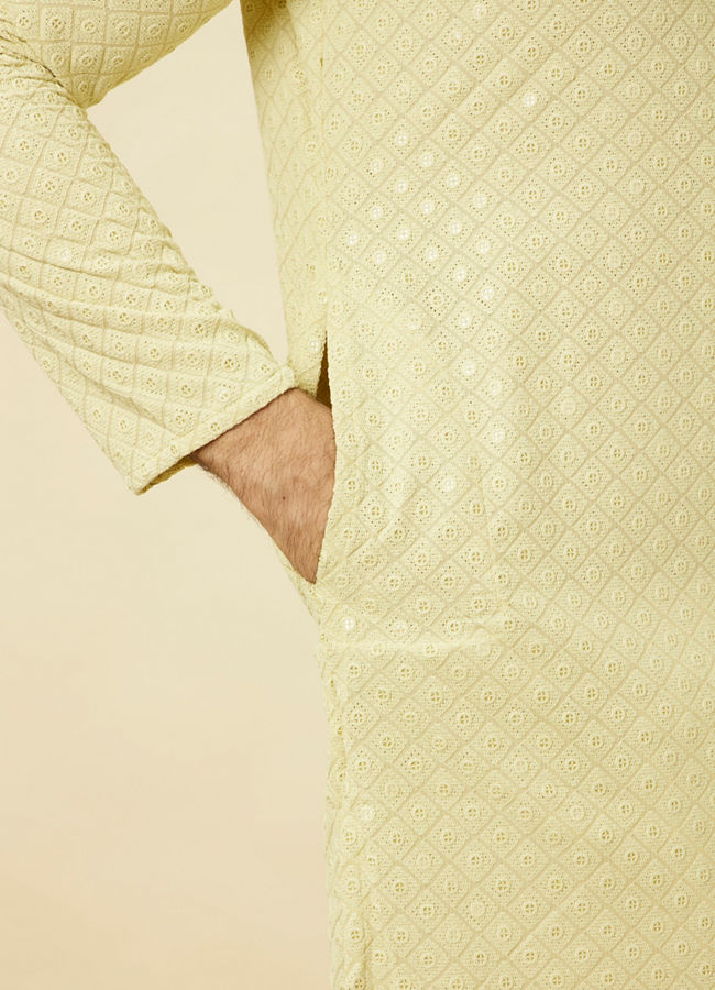 alt message - Manyavar Men Tea Green Chikankari Embroidered Kurta Set image number 3