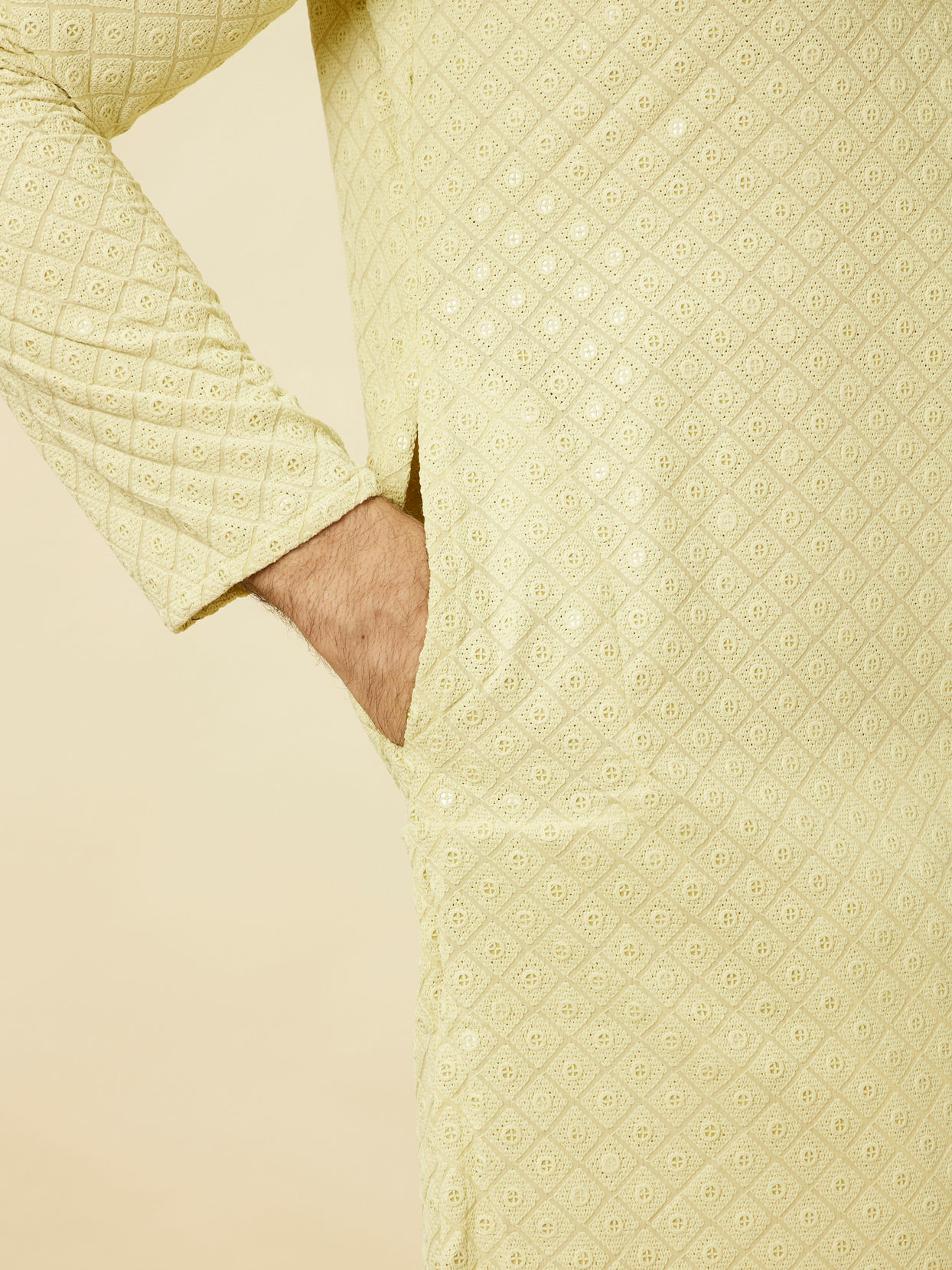 alt message - Manyavar Men Tea Green Chikankari Embroidered Kurta Set image number 3