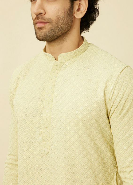 Manyavar Men Tea Green Chikankari Embroidered Kurta Set