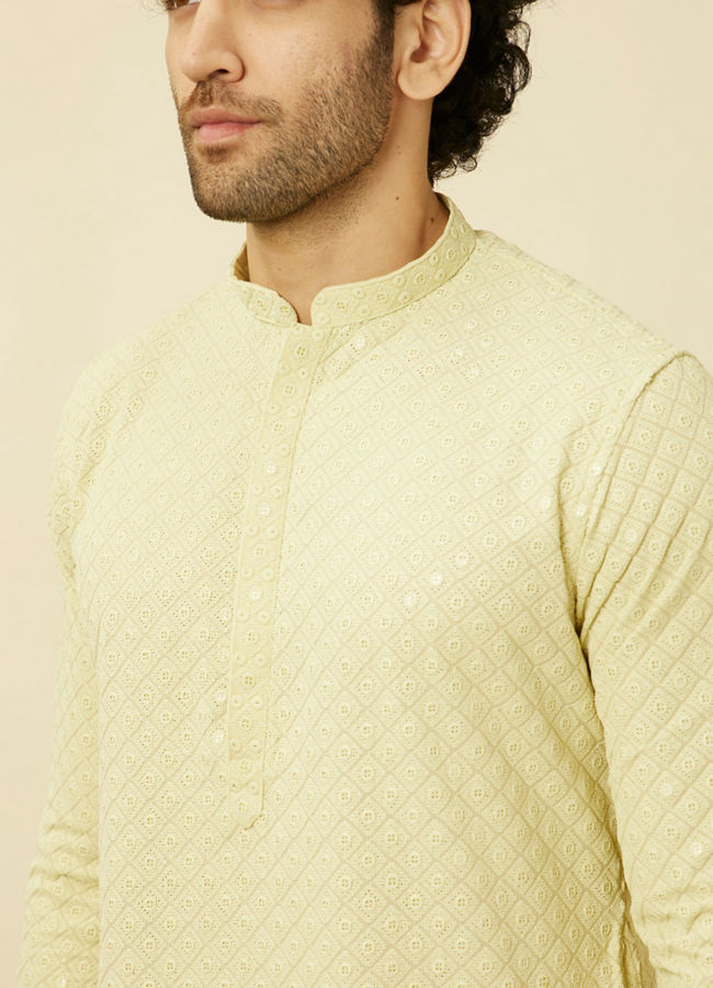 alt message - Manyavar Men Tea Green Chikankari Embroidered Kurta Set image number 1