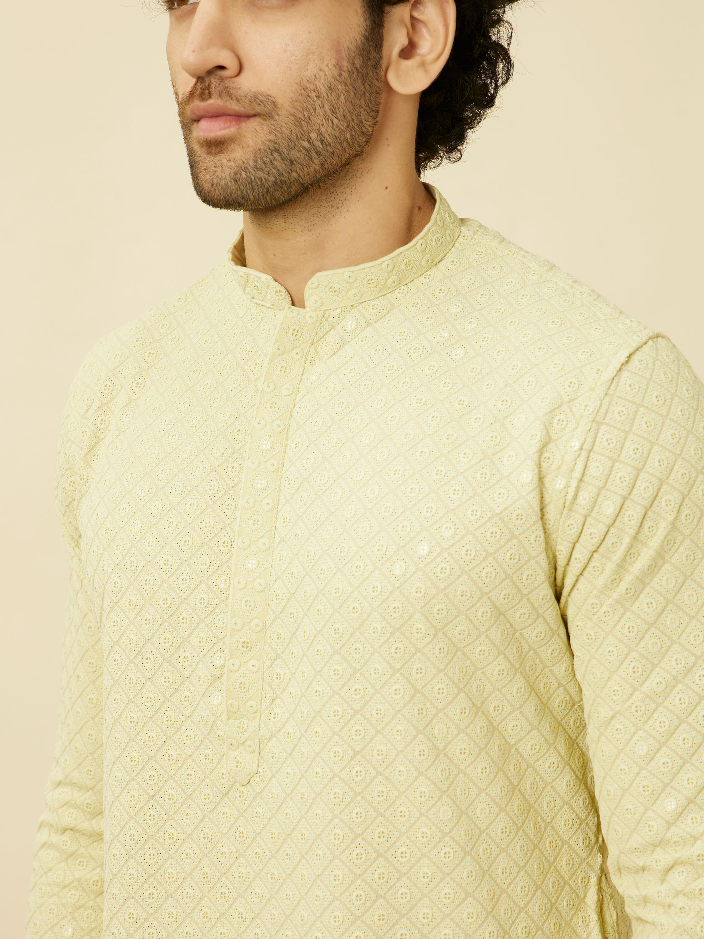 Manyavar Men Tea Green Chikankari Embroidered Kurta Set