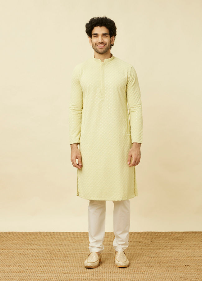 alt message - Manyavar Men Tea Green Chikankari Embroidered Kurta Set image number 2