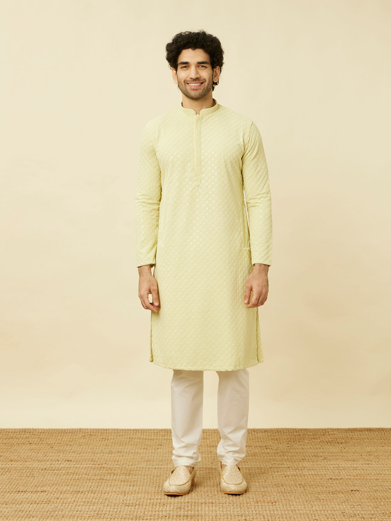 alt message - Manyavar Men Tea Green Chikankari Embroidered Kurta Set image number 2