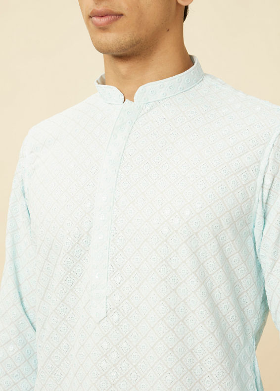 Manyavar Men Powder Blue Chikankari Embroidered Kurta Set