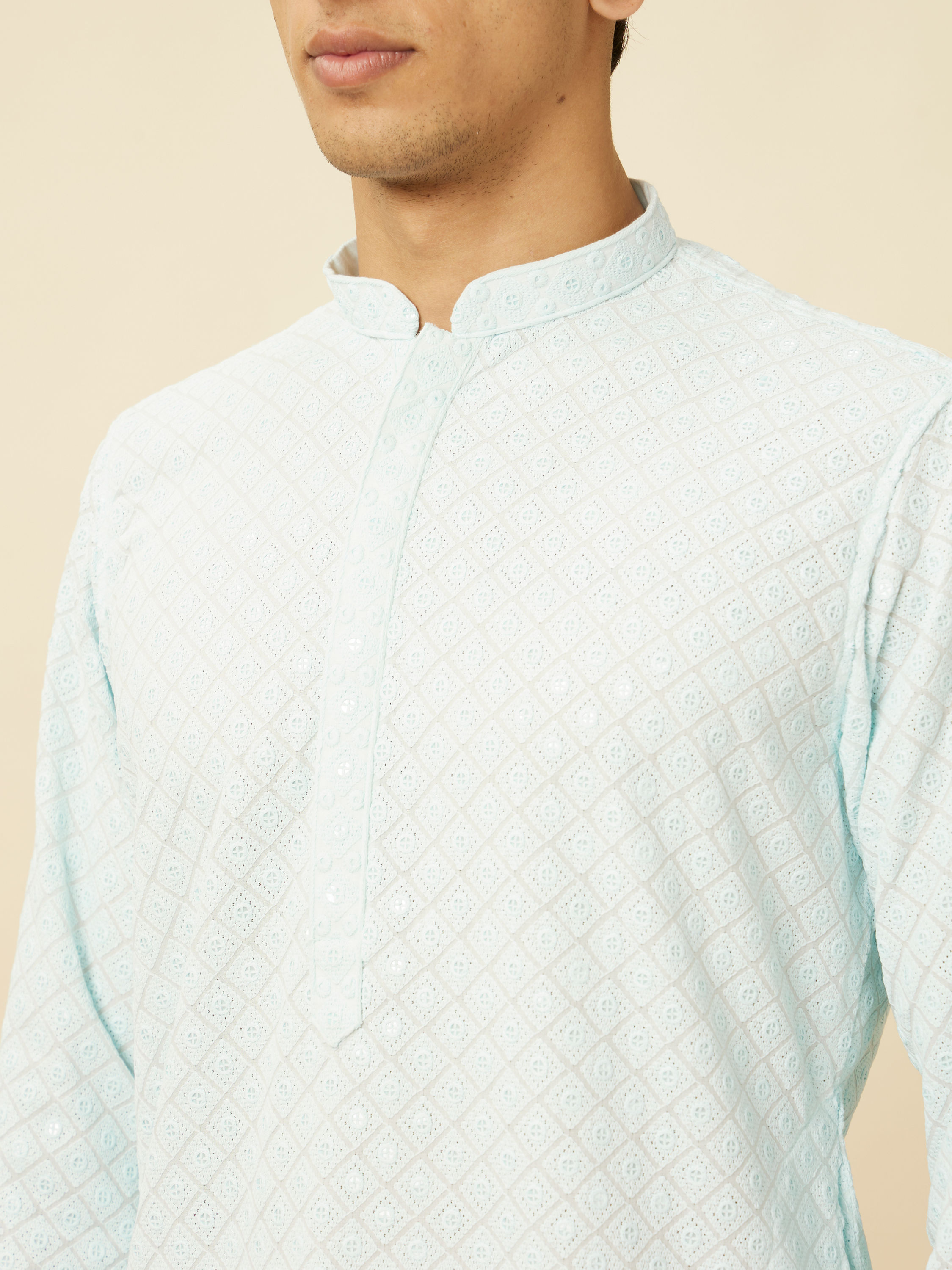 Manyavar Men Powder Blue Chikankari Embroidered Kurta Set