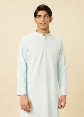 Manyavar Men Powder Blue Chikankari Embroidered Kurta Set