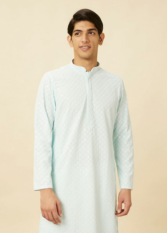 Manyavar Men Powder Blue Chikankari Embroidered Kurta Set