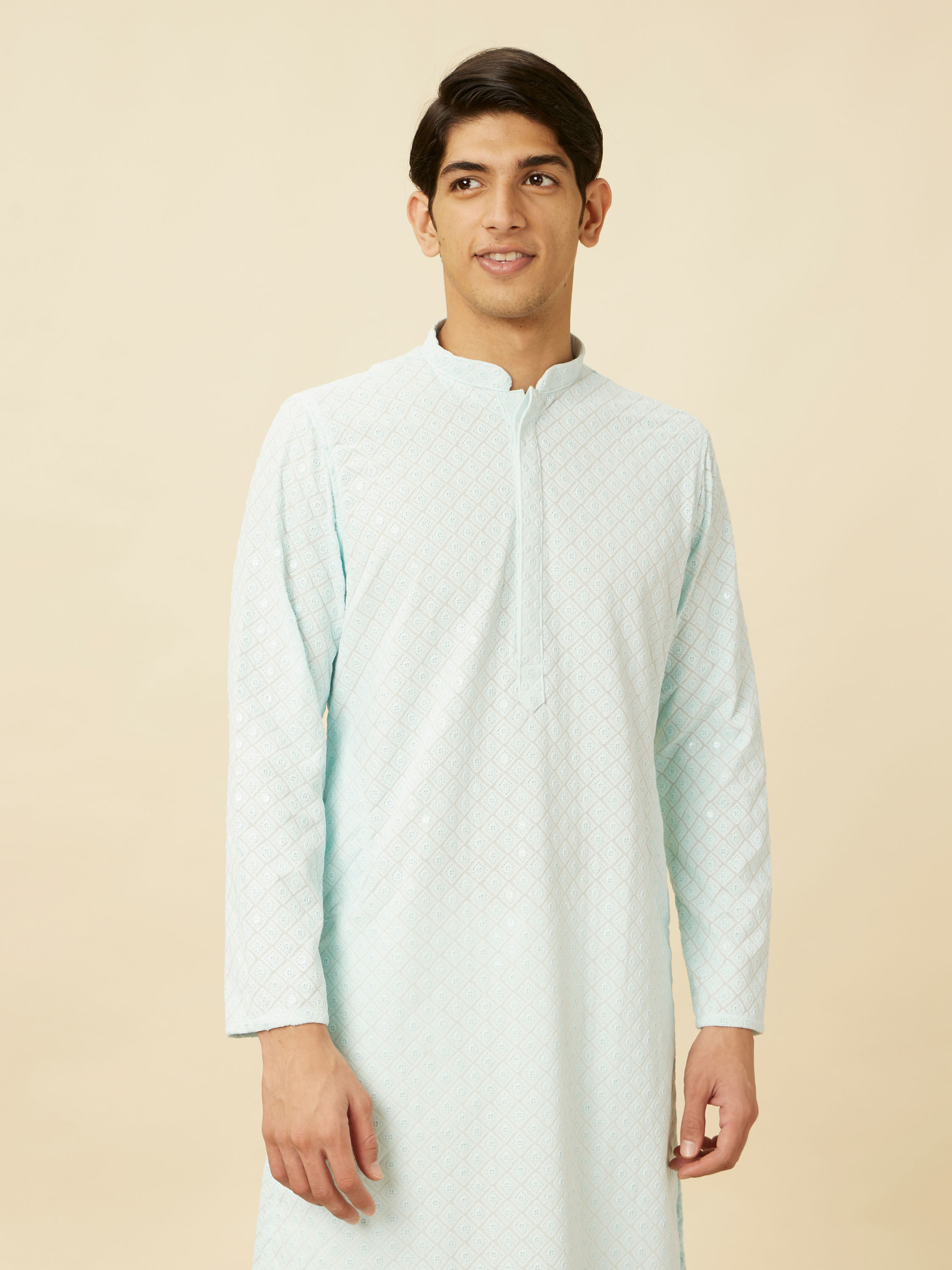 Manyavar Men Powder Blue Chikankari Embroidered Kurta Set