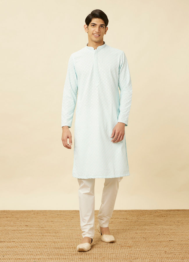 alt message - Manyavar Men Powder Blue Chikankari Embroidered Kurta Set image number 2