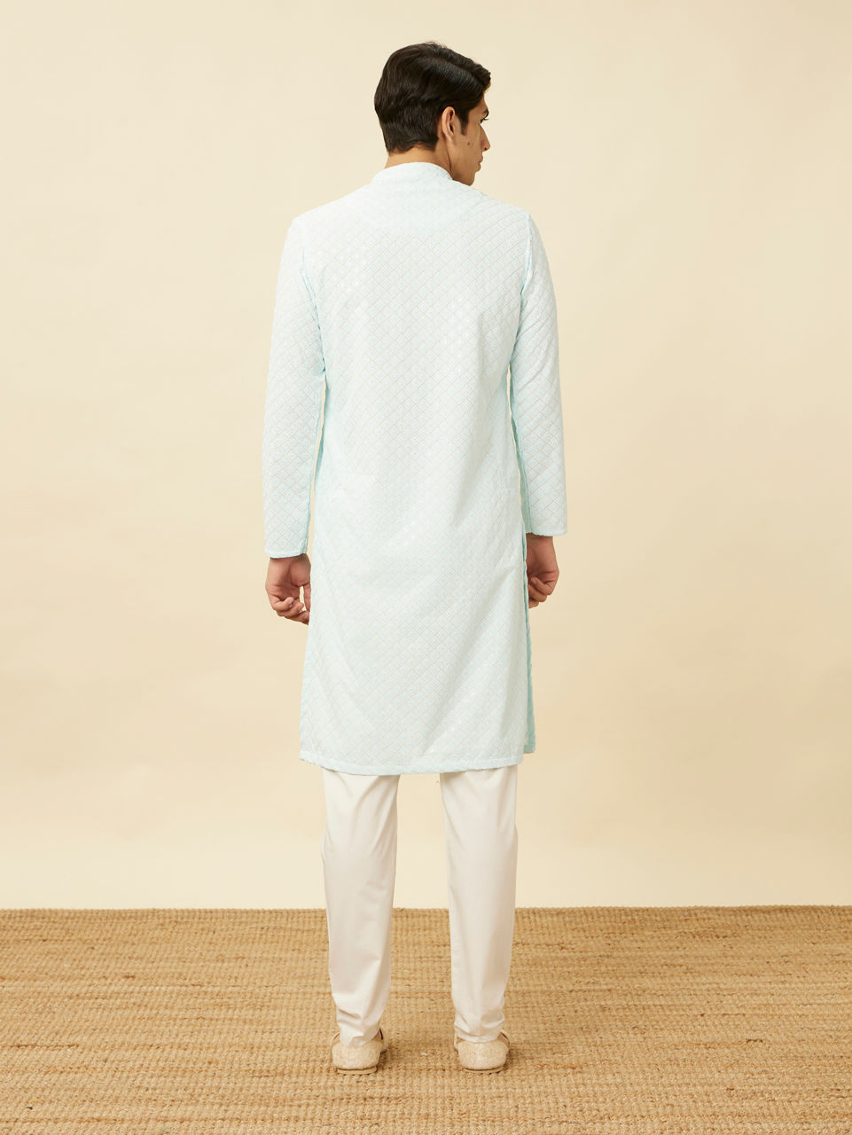 Manyavar Men Powder Blue Chikankari Embroidered Kurta Set