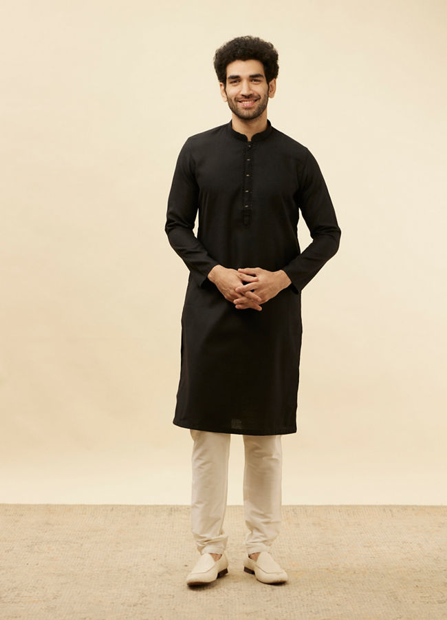 alt message - Manyavar Men Coal Black Embellished Neckline Kurta Set image number 2