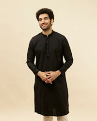 Manyavar Men Coal Black Embellished Neckline Kurta Set