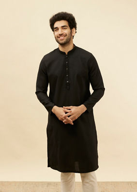 Manyavar Men Coal Black Embellished Neckline Kurta Set