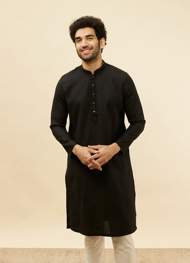 alt message - Manyavar Men Coal Black Embellished Neckline Kurta Set image number 0