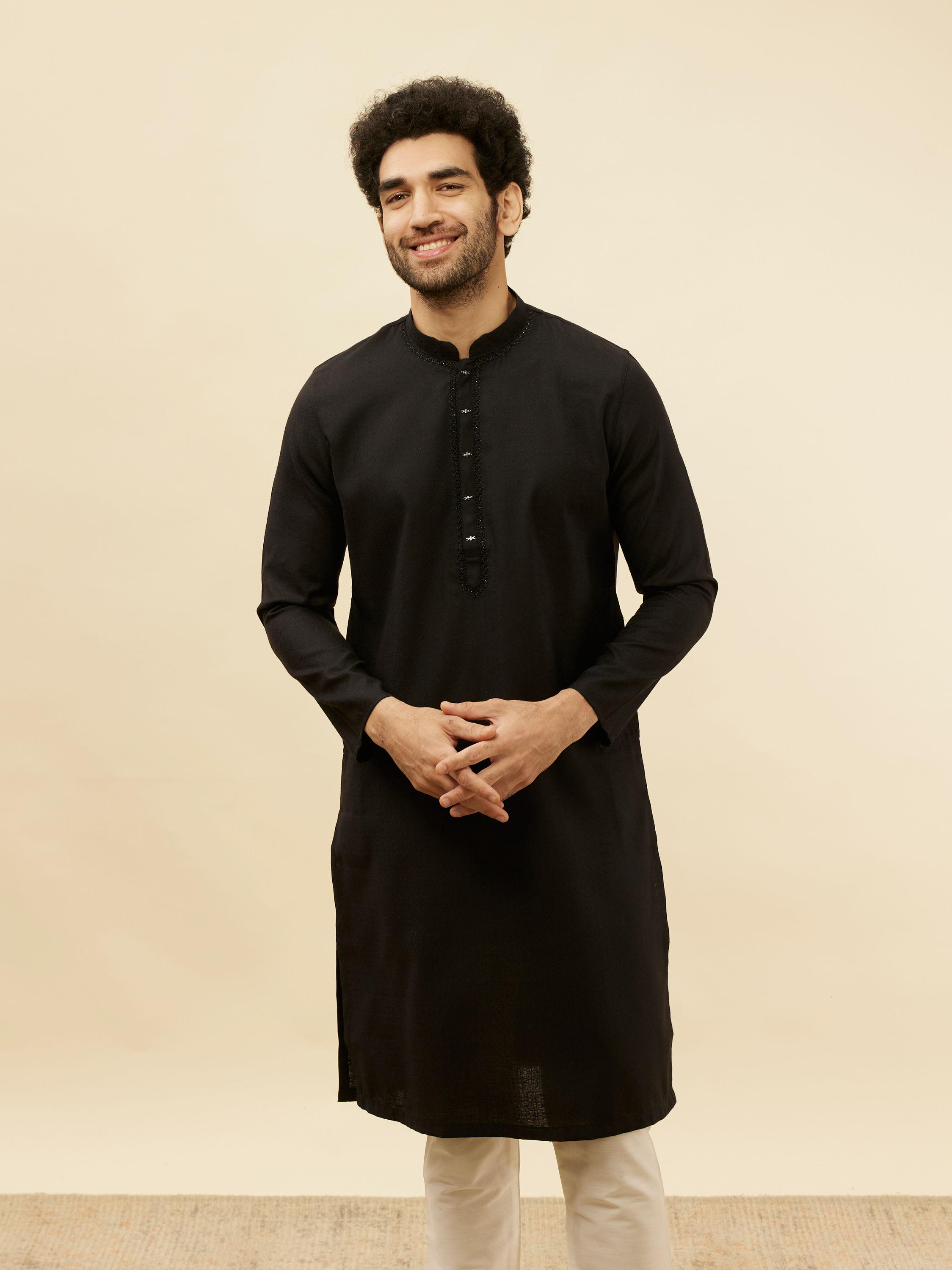 Manyavar Men Coal Black Embellished Neckline Kurta Set