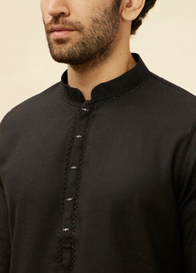 Manyavar Men Coal Black Embellished Neckline Kurta Set