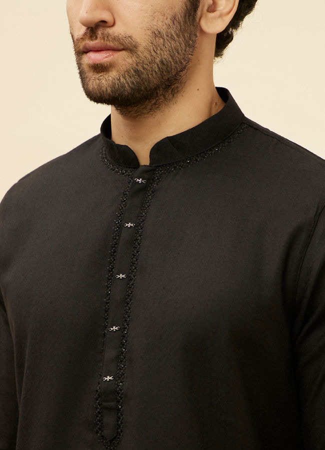 alt message - Manyavar Men Coal Black Embellished Neckline Kurta Set image number 1