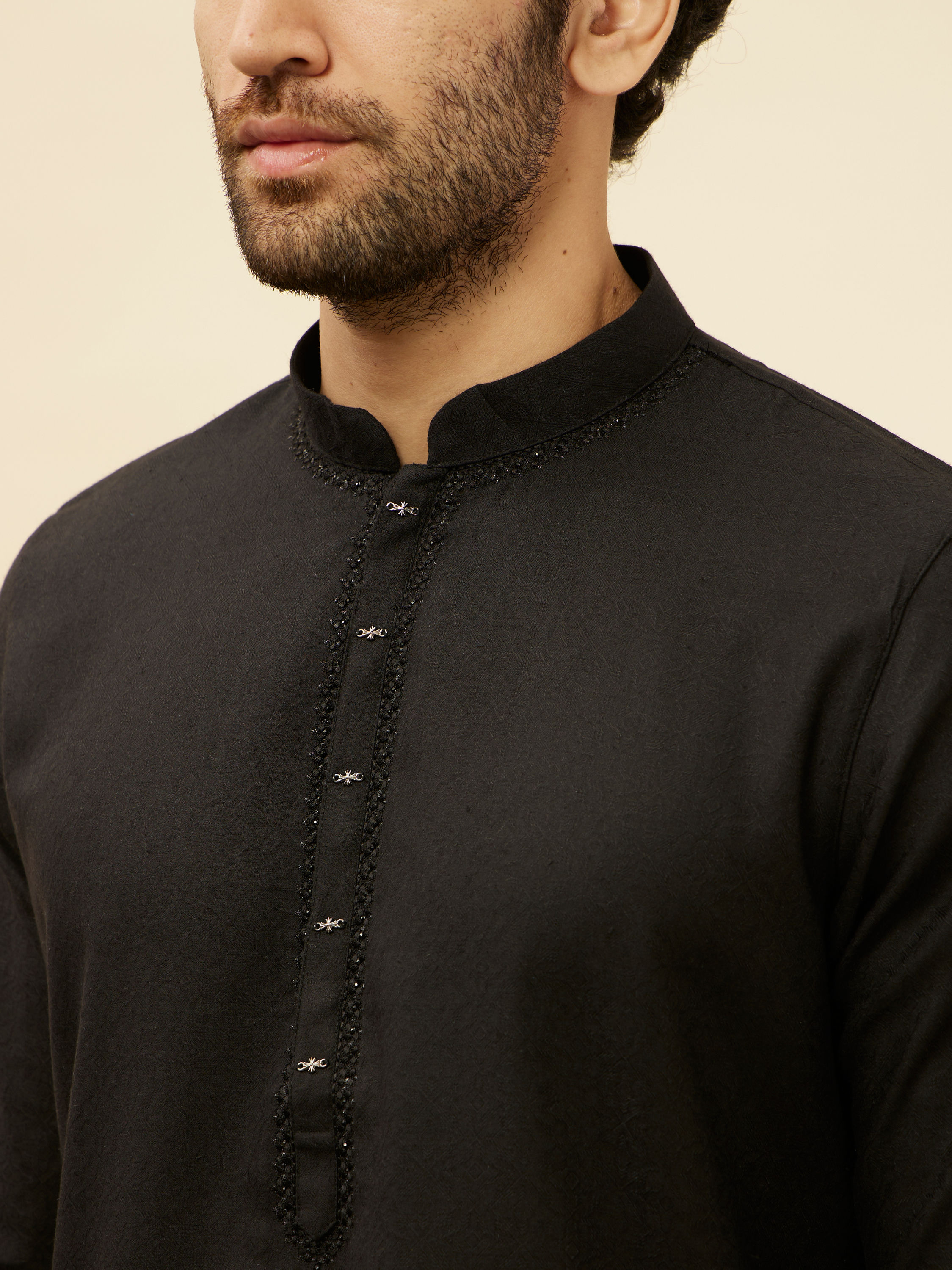 Manyavar Men Coal Black Embellished Neckline Kurta Set