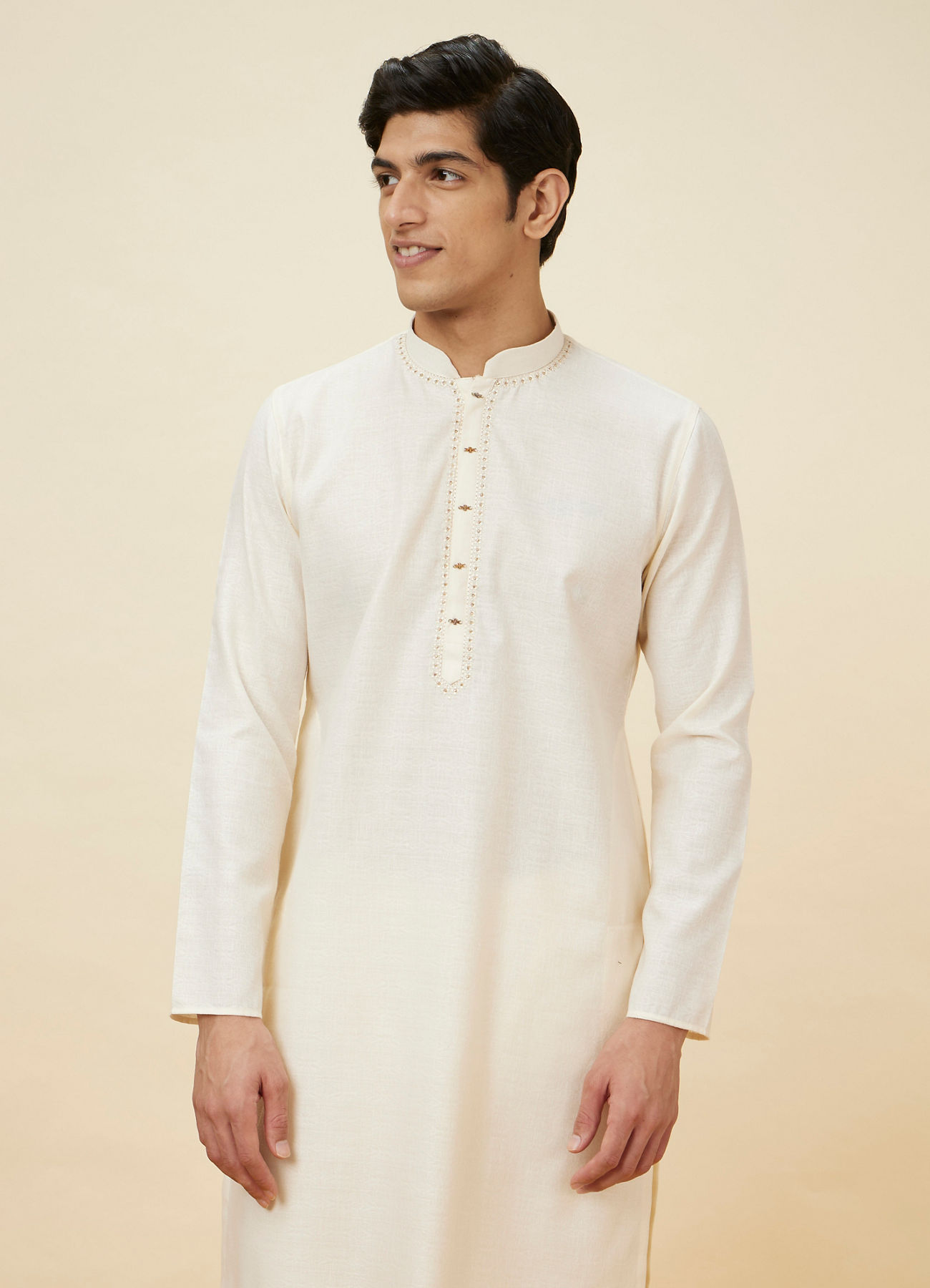 Manyavar Men Seashell White Embroidered Neckline Kurta Set