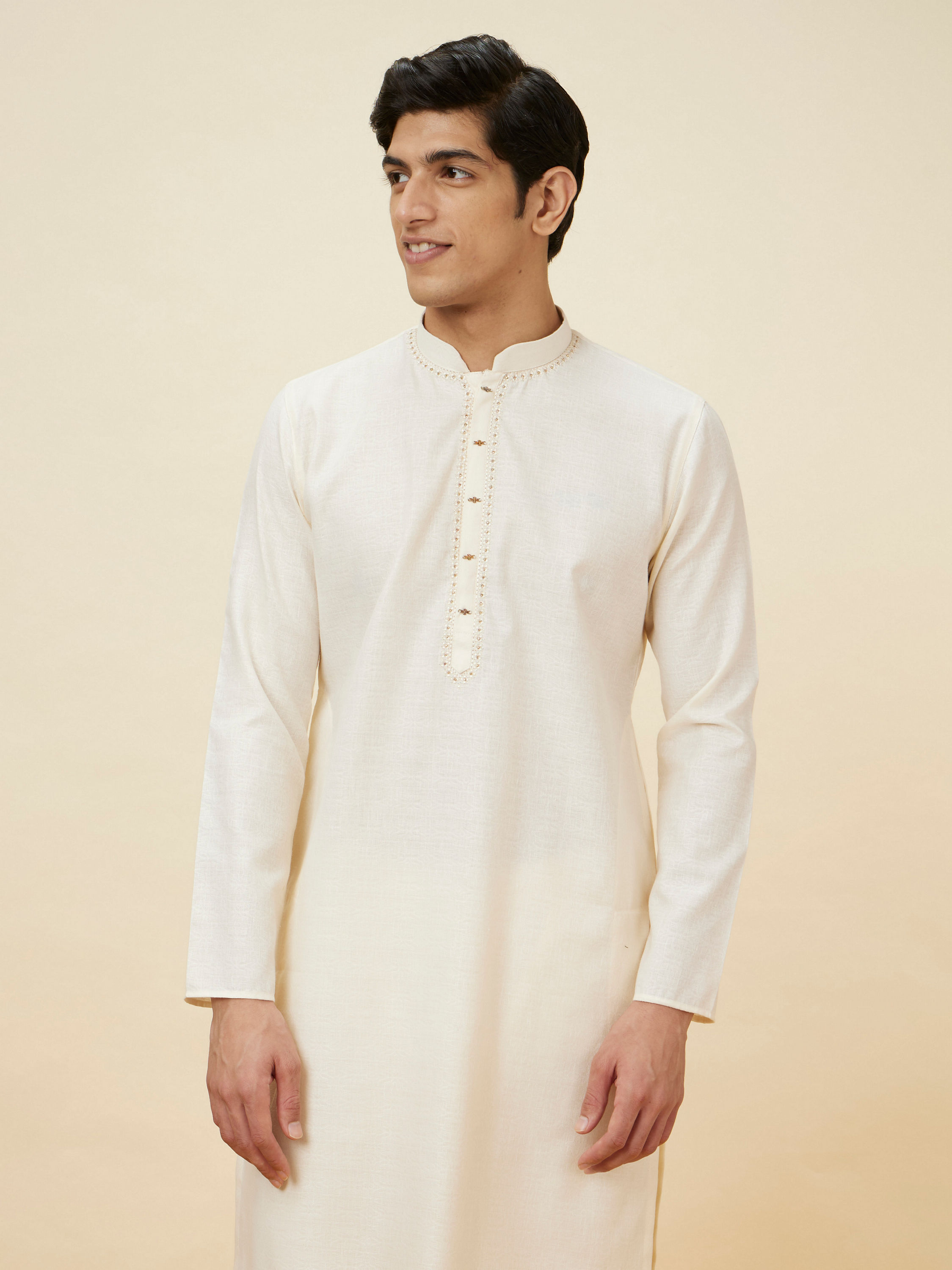 Manyavar Men Seashell White Embroidered Neckline Kurta Set