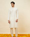 alt message - Manyavar Men Seashell White Embroidered Neckline Kurta Set image number 2