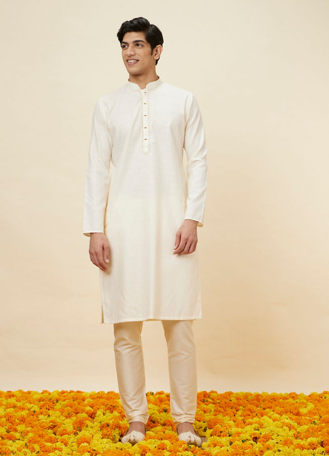 Manyavar Men Seashell White Embroidered Neckline Kurta Set