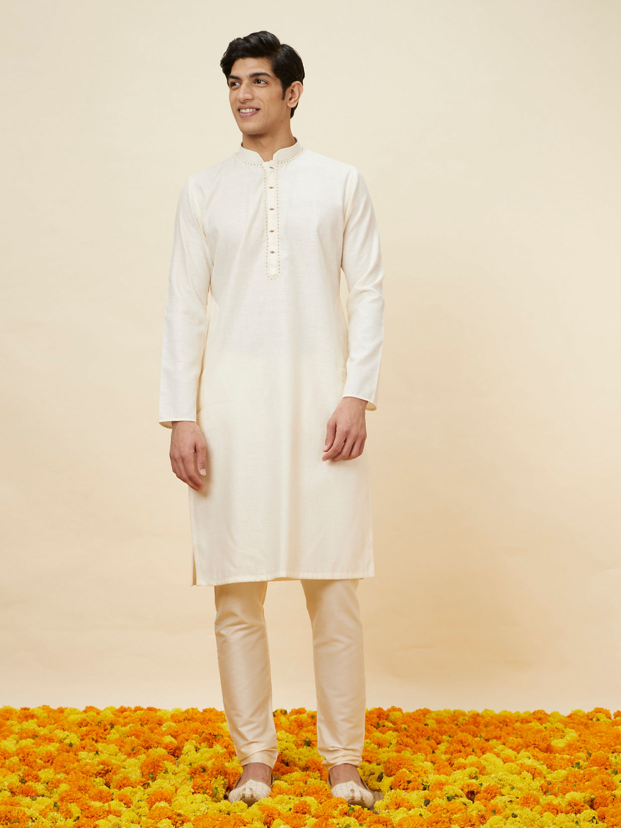 Manyavar Men Seashell White Embroidered Neckline Kurta Set