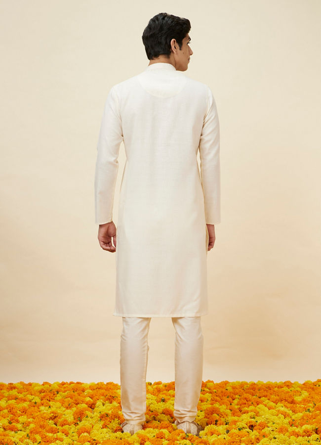 Manyavar Men Seashell White Embroidered Neckline Kurta Set