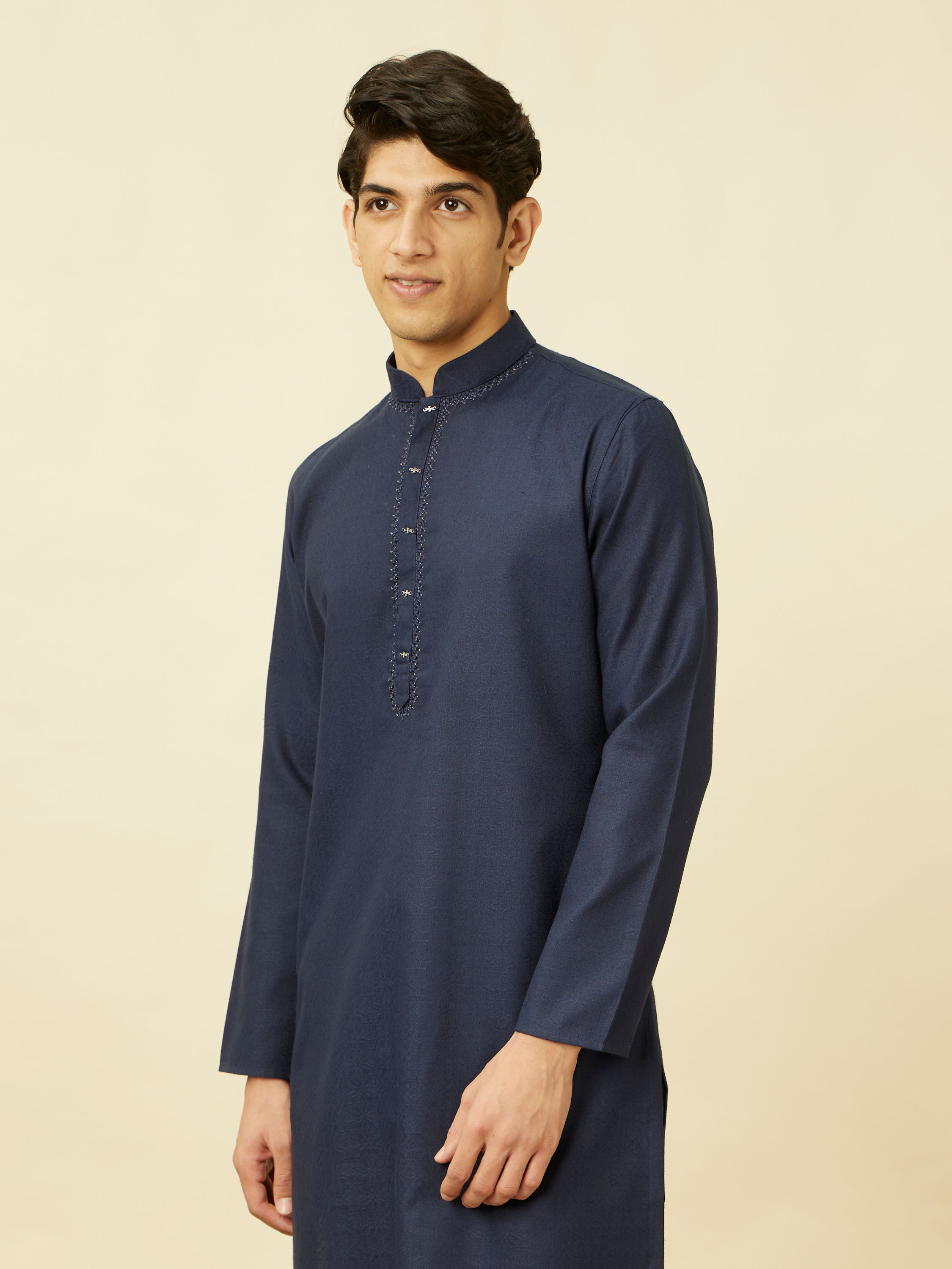 Manyavar Men Navy Blue Ogee Patterned Kurta Set