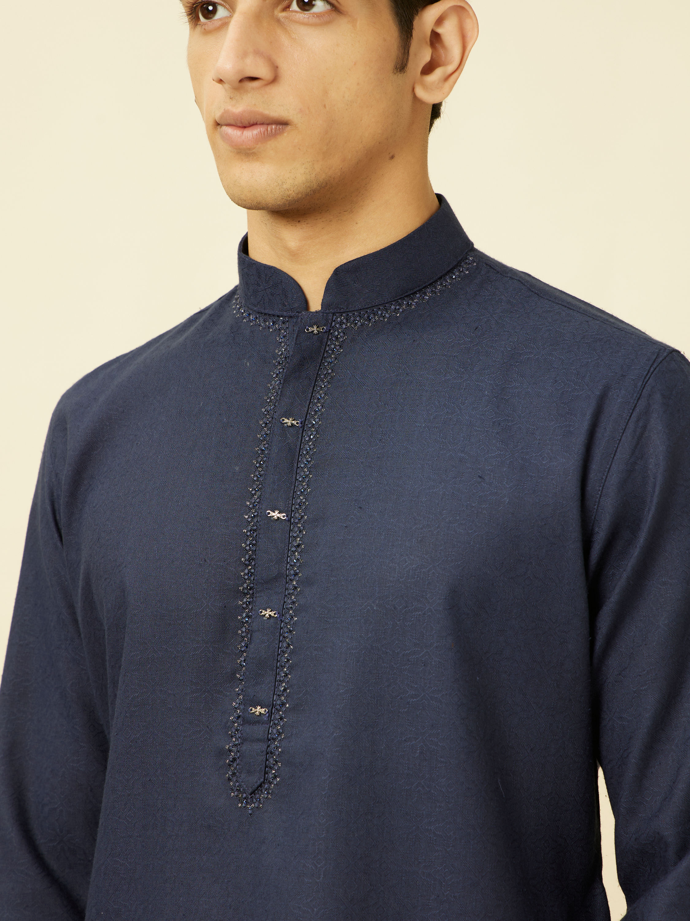 Manyavar Men Navy Blue Ogee Patterned Kurta Set