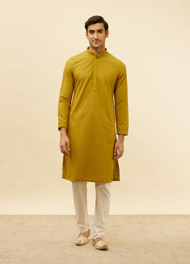 Manyavar Men Moss Green Chikankari Jaal Patterned Kurta Set image number 2