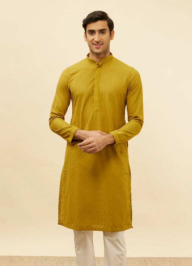 Manyavar Men Moss Green Chikankari Jaal Patterned Kurta Set image number 0