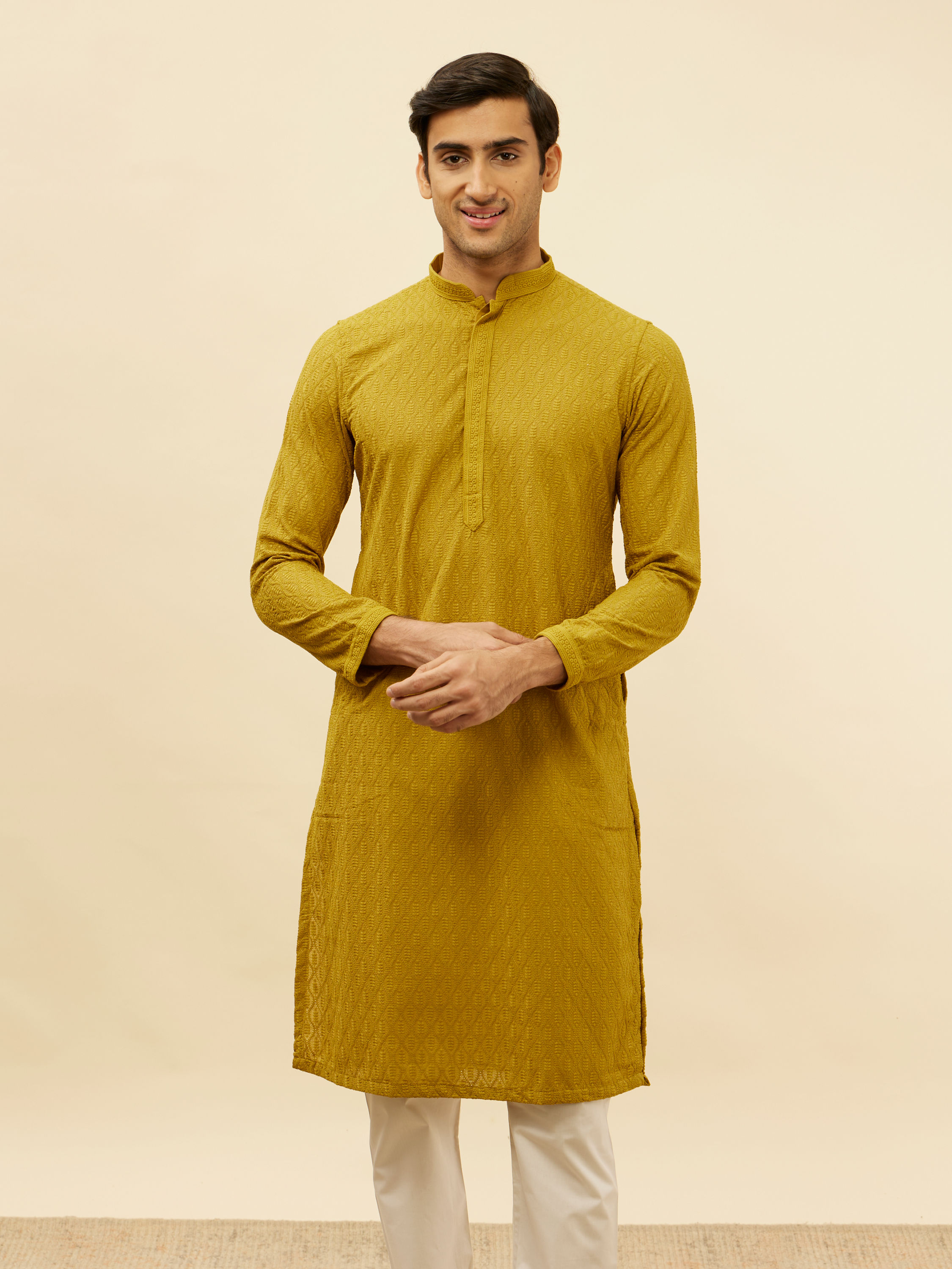 Manyavar Men Moss Green Chikankari Jaal Patterned Kurta Set