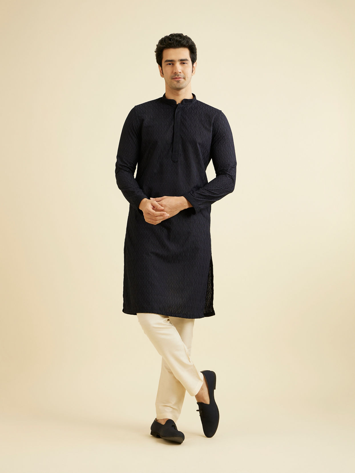 Manyavar Men Blue Chikan Kurta Set image number 2