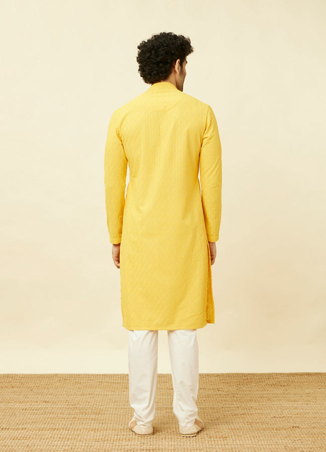 Manyavar Men Primrose Yellow Chikankari Embroidered Kurta Set