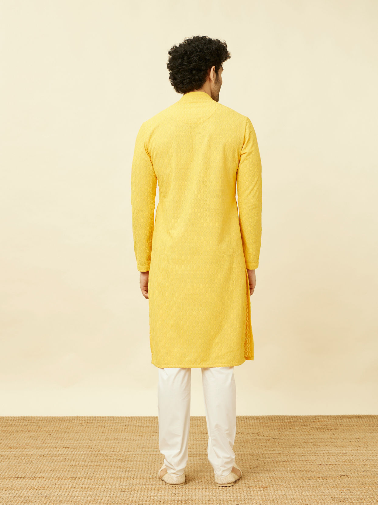 Manyavar Men Primrose Yellow Chikankari Embroidered Kurta Set